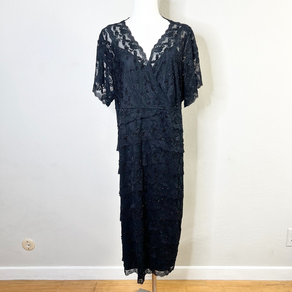 Marina Dress Tiered Lace Beaded Size 24W Black V-Neck Formal Evening Embellished